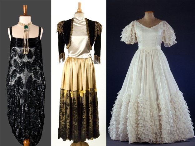 Suknia-koszula z czarnych cekinów l. 20. XX w. / Kostium balowy hiszpański, ok. 1900-1910 r. / Suknia balowa krynolinka, lata 30. XX w. /materiały prasowe