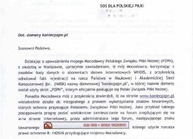 Pismo prawnika PZPN-u do stowarzyszenia SOS Dla Polskiej Piłki. /INTERIA.PL