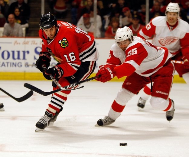 Andrew Ladd (Chicago) walczy z Niklasem Kronwallem (Detroit). /AFP