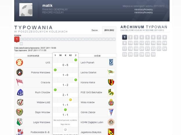 Tak typował wyniki pierwszej kolejki użytkownik o nicku matik /INTERIA.PL