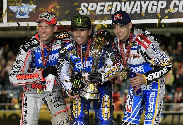 Podium żużlowej GP: Andreas Jonsson (z lewej), Greg Hancock i Jarosław Hampel fot: Lech Muszyński /PAP