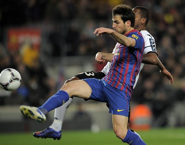 Piłkarz Barcelony Cesc Fabregas strzela gola na 1-0 w meczu z  Valencią /AFP