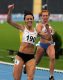 Fetująca zwycięstwo Monika Popowicz (L) i Ewelina Ptak (P) za metą biegu na 100 m kobiet