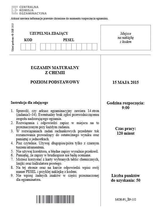 Matura 2015: Arkusze i rozwiązania z chemii dla technikum . /CKE /