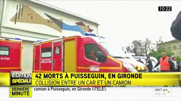 We Francji doszło do tragicznego wypadku. Autokar, którym podróżowało kilkadziesiąt osób, głownie emeryci, zderzył się z ciężarówką. Zginęły 42 osoby. 


Do zdarzenia doszło ok 7.30 w miejscowości Puisseguin, ok. 20 km od Bordeaux w południowo-zachodniej części kraju. 