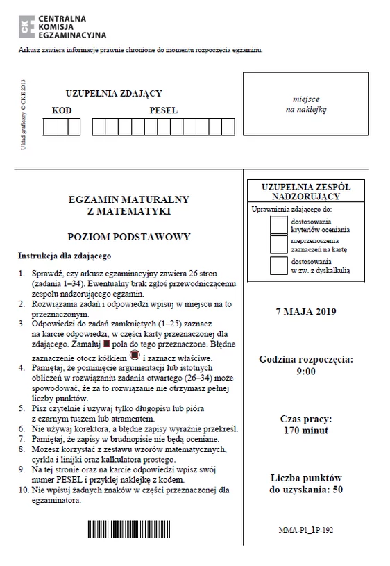 Matura 2019 stara formuła Matematyka poziom podstawowy Arkusz CKE