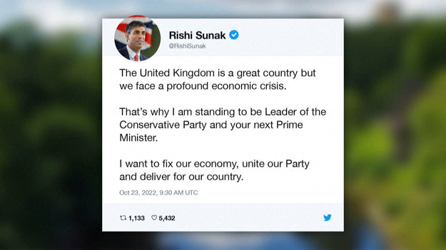 Były kanclerz skarbu Wielkiej Brytanii Rishi Sunak, który zrezygnował ze stanowiska w lipcu, ogłosił na Twitterze, że będzie ubiegał się o stanowisko premiera. W swoim wpisie zapowiedział, że pełniąc ten urząd chce m.in. "naprawić krajową ekonomię i zjednoczyć swoją partię". We wrześniowym głosowaniu członków Partii Konserwatywnej Sunak zajął drugie miejsce po urzędującej premier, Liz Truss.