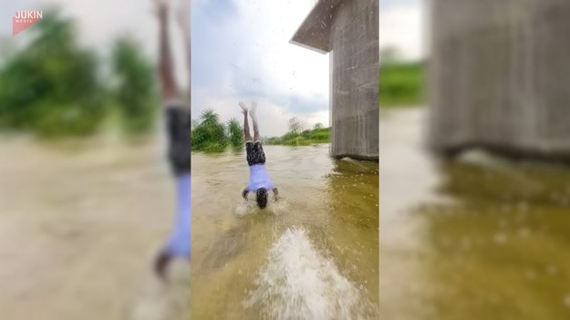 Pewien Hindus pochwalił się internautom nagraniem swoich akrobacji, które wykonał przy tamie w mieście Jansi. Efektowne salta w tył w płytkiej wodzie? Czemu nie!