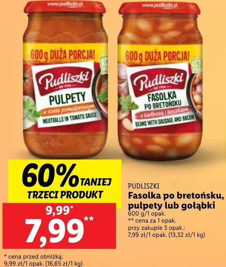 Pudliszki Fasolka po bretońsku z kiełbasą i boczkiem 600 g 20 TANIEJ