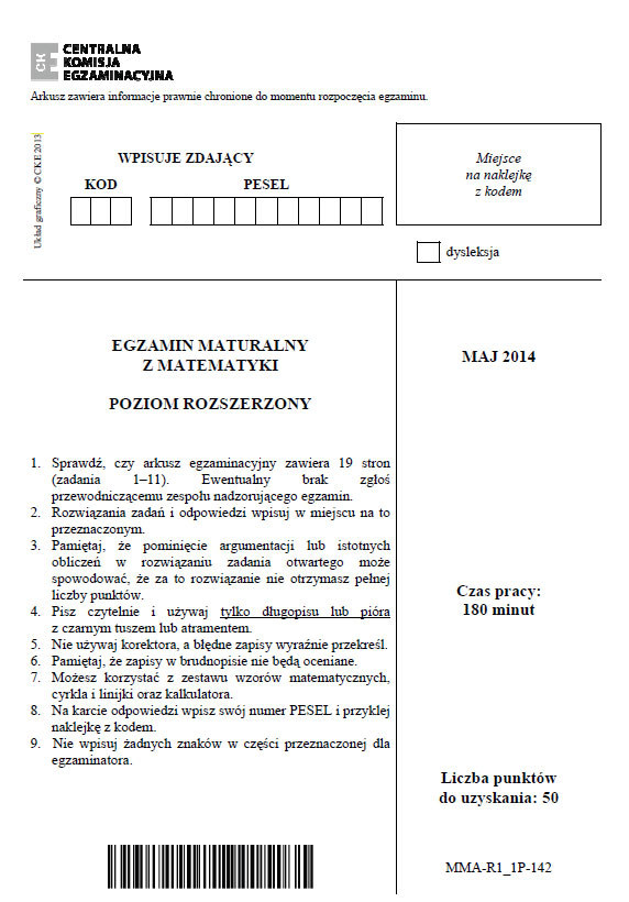 Egzamin Maturalny Z Matematyki - Poziom Rozszerzony. Arkusz I ...