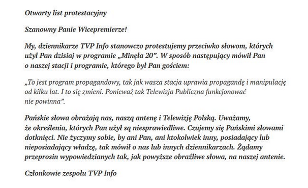 List otwarty dziennikarzy TVP info do prof. Glińskiego /Twitter