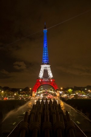 Wieża Eiffla oświetlona na niebiesko-biało-czerwono /ETIENNE LAURENT /PAP/EPA