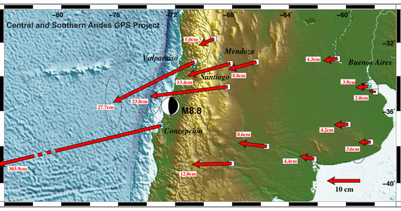 Chilijskie trzęsienie ziemi o sile 8.8 stopnia w skali Richtera spowodowało śmierć blisko 500 osób, przyniosło olbrzymie straty materialne i dosłownie przesuneło na mapie niektóre miasta. Chilijscy i amerykańscy naukowcy opublikowali włąśnie dane, z których wynika, że najbliższe epicentrum wstrząsów miasto Concepcion przemieściło się o ponad trzy metry na zachód.