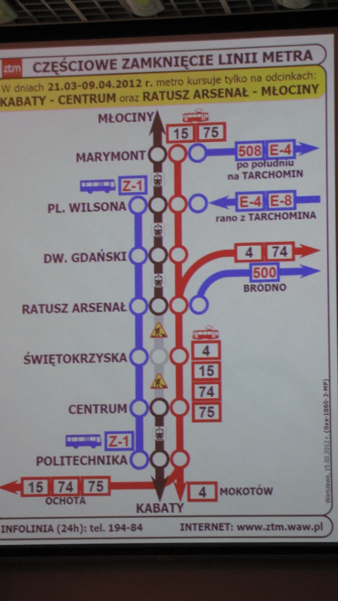 Od przyszłej środy do 9 kwietnia warszawskie metro nie będzie kursować pomiędzy stacjami Centrum i Arsenał. Utrudnienia są spowodowane budową drugiej linii. Pierwsze zmiany w rozkładzie jazdy pociągów dotkną pasażerów już w najbliższy weekend.

