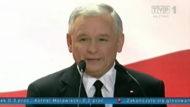 Wieczór wyborczy w TVP: Przemówienie Jarosława Kaczyńskiego chwilę po ogłoszeniu wyników sondażowych pierwszej tury wyborów.