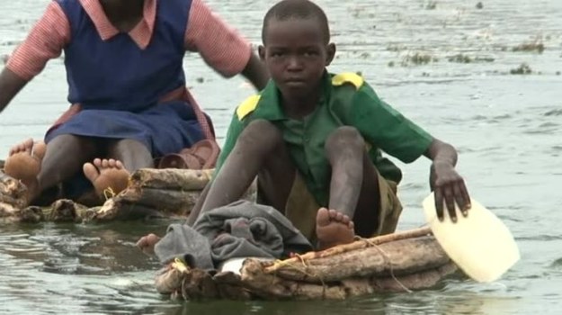 Z powodu ogromnych powodzi, które nawiedzają od kilku lat rejon jeziora Baringo w Kenii, dzieci zmuszone są przeprawiać się w drodze do szkoły przez niebezpieczne rozlewiska, zamieszkane przez krokodyle i agresywne hipopotamy. Rodzice codziennie drżą o ich życie...
(AFP)