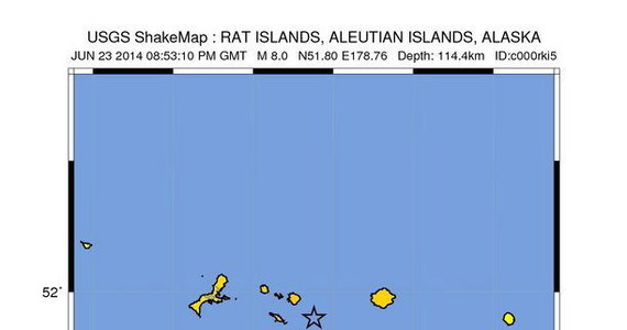Bardzo silne trzęsienie ziemi o sile 8 stopni w skali Richtera wystąpiło u wybrzeży położonego na zachód od Alaski Archipelagu Aleutów, istnieje groźba tsunami - poinformował amerykański instytut geosejsmiczny USGS.