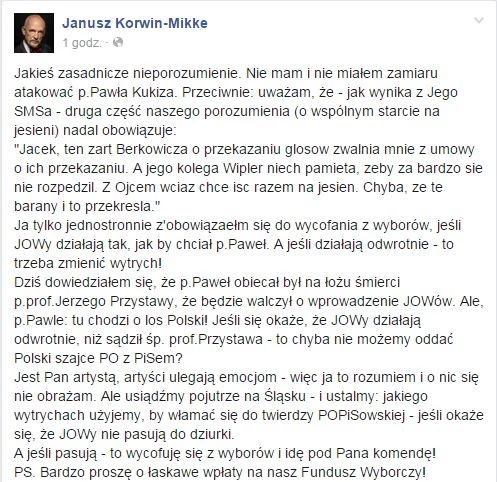 Wpis Janusza Korwin-Mikkego na facebooku