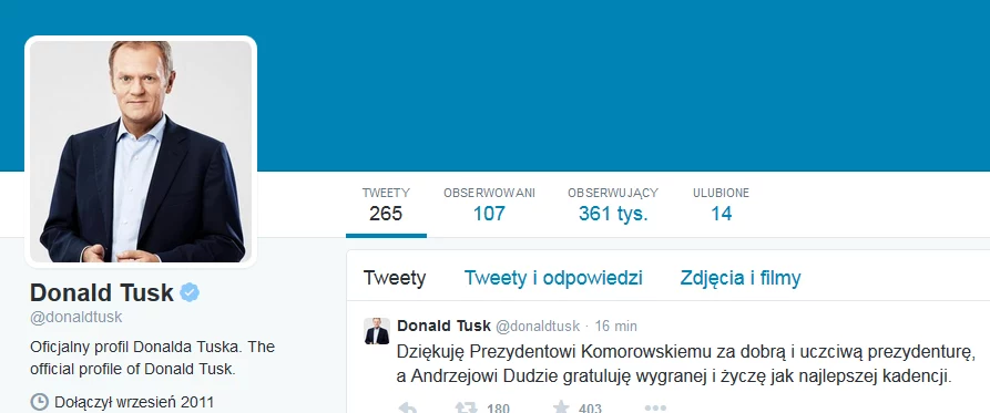 Donald Tusk podziękował na Twitterze Bronisławowi Komorowskiemu