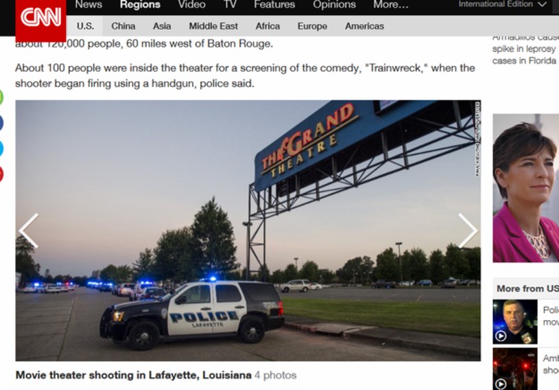 Nieznany sprawca otworzył ogień do widzów w kinie w mieście Lafayette, w stanie Luizjana, zabijając jedną osobę  i dziewięć raniąc -  poinformowały lokalne media. Według policji, napastnik odebrał sobie życie. 