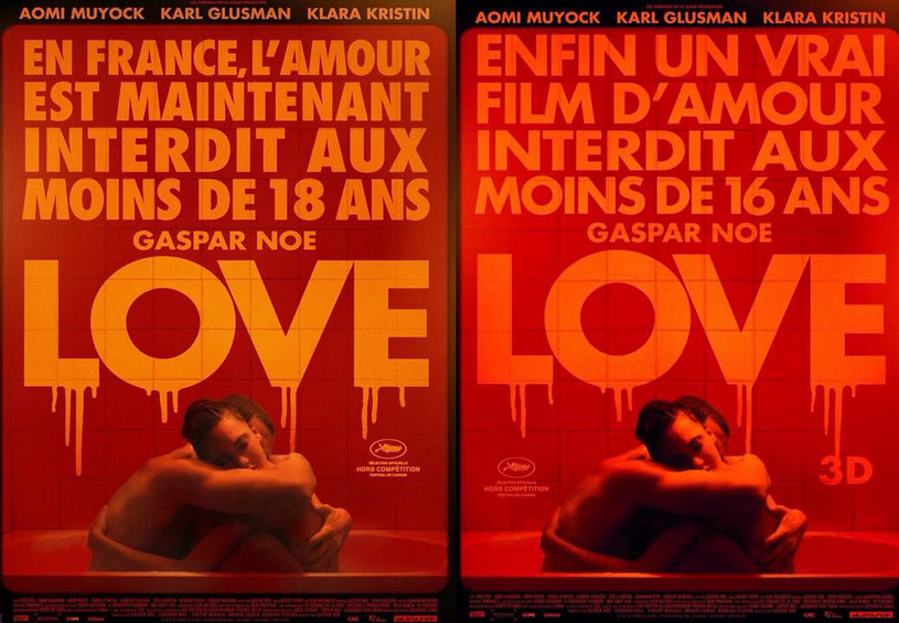 Trzy tygodnie po francuskiej premierze zmieniono kategorię wiekową nowego obrazu Gaspara Noé "LOVE". Początkowo film dozwolony był od 16. roku życia; teraz, aby udać się na seans, trzeba mieć ukończone 18 lat.
