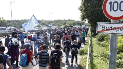 Setki uchodźców maszerują autostradą z Budapesztu do Wiednia. Niosą zdjęcia Merkel
