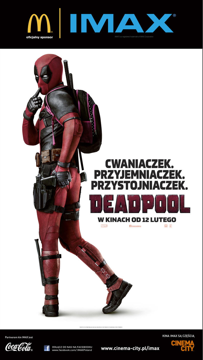 12 lutego to data, na którą czekają nie tylko miłośnicy przygód bohaterów uniwersum Marvela, ale również fani rozrywkowego kina w najlepszym wydaniu. Właśnie wtedy, na największych kinowych ekranach IMAX będzie można zobaczyć film "Deadpool", czyli opowieść o najbardziej zwariowanym ze wszystkich komiksowych bohaterów. Bilety są już dostępne w przedsprzedaży.  