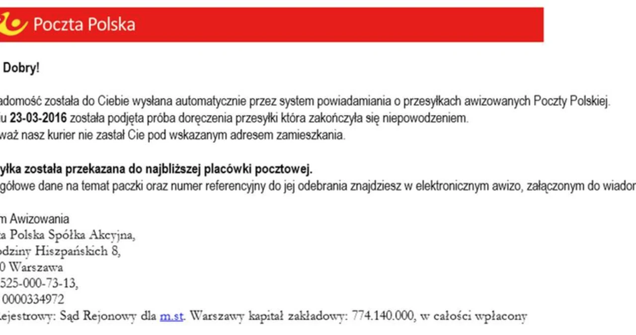 Fałszywe powiadomienia od Poczty Polskiej. Uwaga na oszustwo