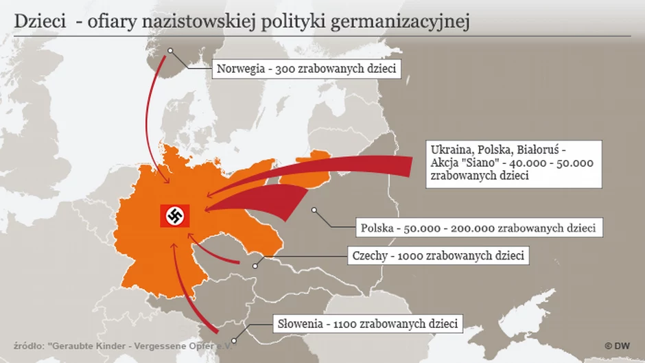 „Aryjskie” dzieci rabowane w całej Europie – mapa informacyjna  Zródło: Geraubte Kinder - Vergessene Opfer e.V./ DW