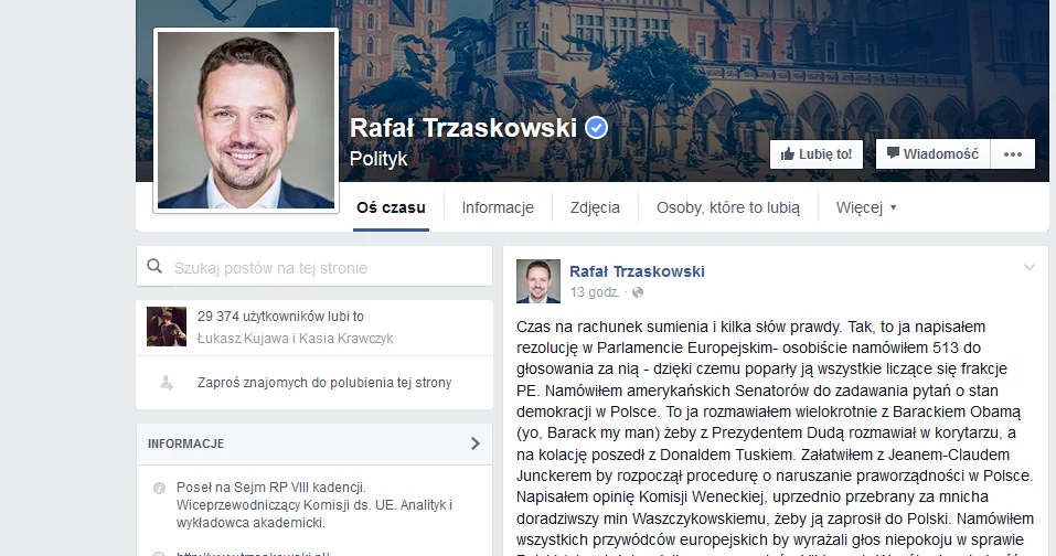 Wpis Rafała Trzaskowskiego na Facebooku