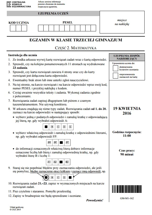 Strona 1, Egzamin gimnazjalny 2016 – matematyka