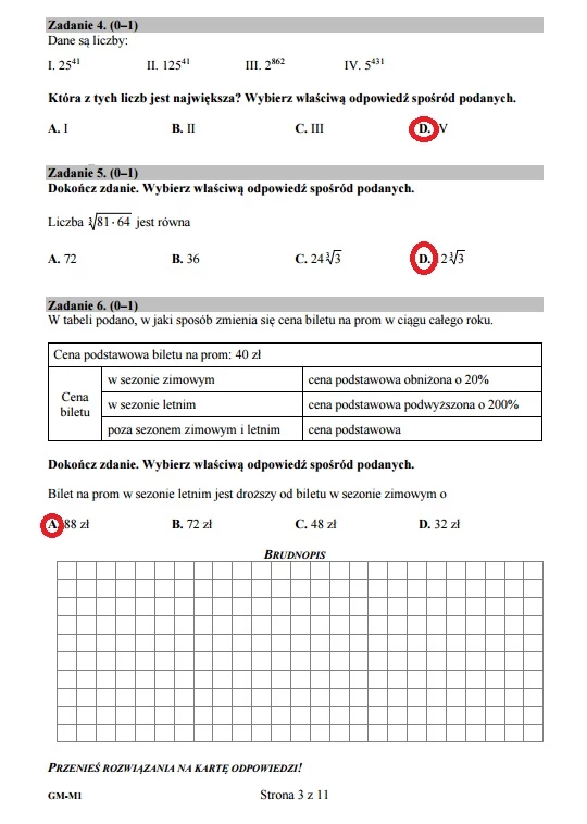 Egzamin gimnazjalny 2016 – matematyka, Zadania 4-6