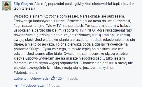 Wpis Filipa Chajzera na Facebooku