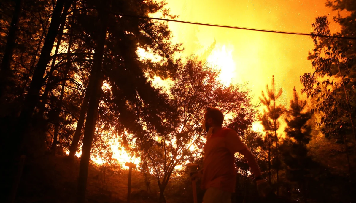 ​W czwartym tygodniu największego pożaru lasów w historii Chile nocne fotografie satelitarne pokazują ogniska pożaru wzdłuż wybrzeża Pacyfiku na przestrzeni blisko ośmiuset kilometrów, od Valparaiso na północ od stolicy po dalekie południe.