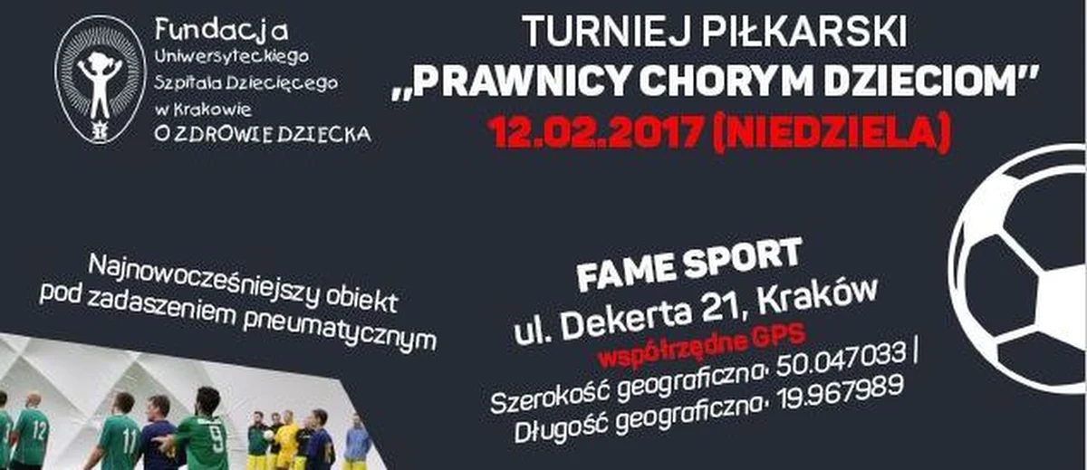 Radcy prawni, notariusze, sędziowie, komornicy, policjanci drogówki i ekipa RMF MAXXX - wszyscy zagrają już w najbliższą niedzielę w charytatywnym meczu w ramach akcji "Prawnicy Chorym Dzieciom". Jej celem jest zakup aparatu USG dla pacjentów Oddziału i Poradni Urologii Uniwersyteckiego Szpitala Dziecięcego w Krakowie. Na zakup aparatu potrzeba ok. 130 tys. zł.