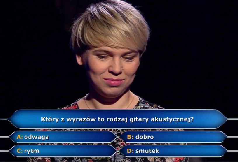 250 tys. zł wygrała w "Milionerach" Katarzyna Kołaczkowska. Choć gra na gitarze, nie zdecydowała się odpowiedzieć na pytanie za pół mln zł właśnie o ten instrument.