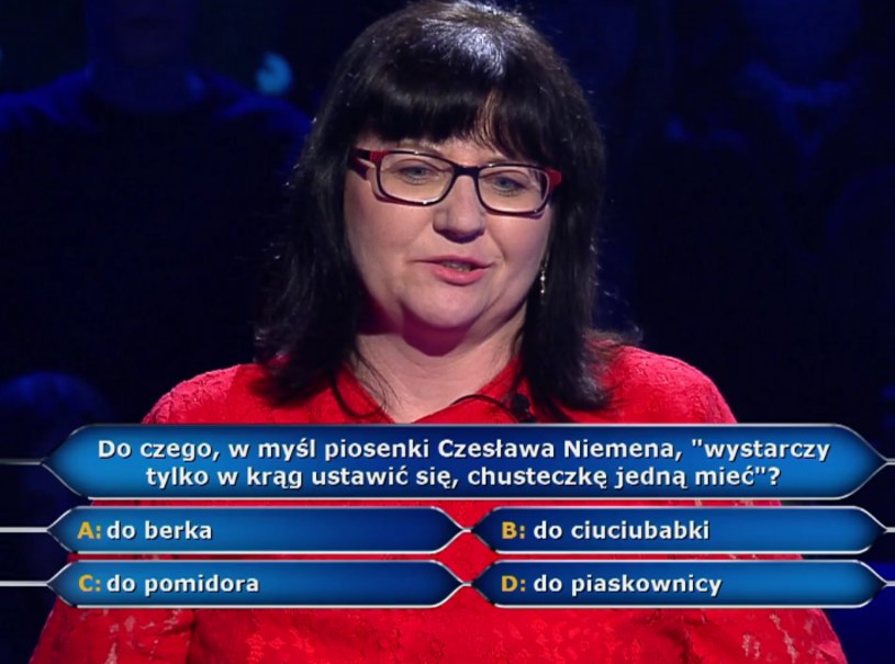 W środę (12 kwietnia) o 125 tys. zł zagra Ilona Rasińska ze Słubic. Wcześniej uczestniczka z łatwością poradziła sobie z pytaniem o tekst utworu Czesława Niemena.