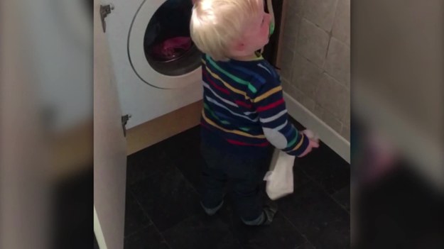 Ten maluch ma dopiero  18 miesięcy, a już uczestniczy w pracach domowych. Szczególnie uwielbia robić pranie. Ale zamykanie drzwiczek od pralki najwyraźniej go  przerosło.