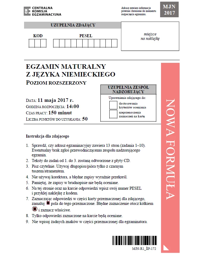 Język niemiecki poziom rozszerzony; matura 2017