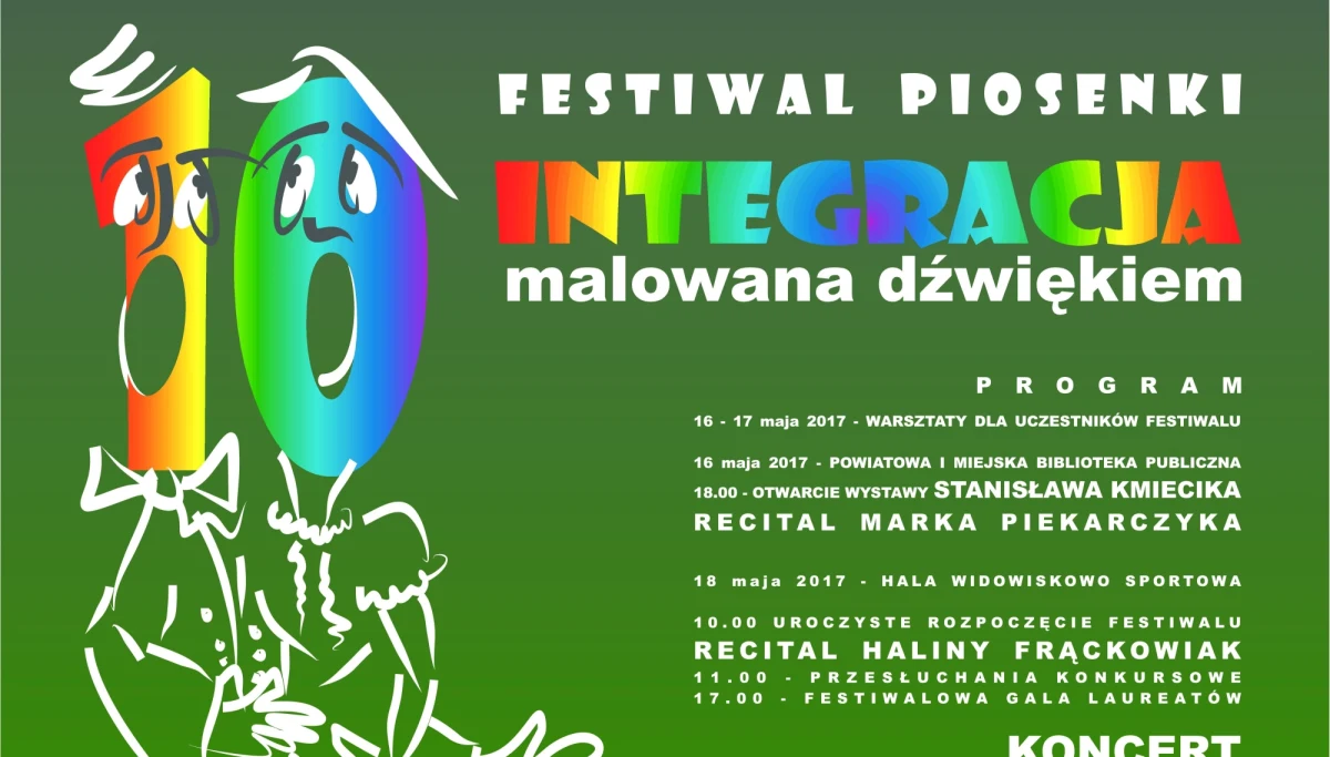 W dniach 16 - 18 maja 2017 roku w Bochni odbędzie się 10. Festiwal Piosenki "Integracja malowana dźwiękiem". To niezwykle ciekawe wydarzenie artystyczne adresowane jest do uczniów szkół specjalnych, integracyjnych, masowych, uczestników zajęć w Warsztatach Terapii Zajęciowej oraz Miejskich Domach Kultury.