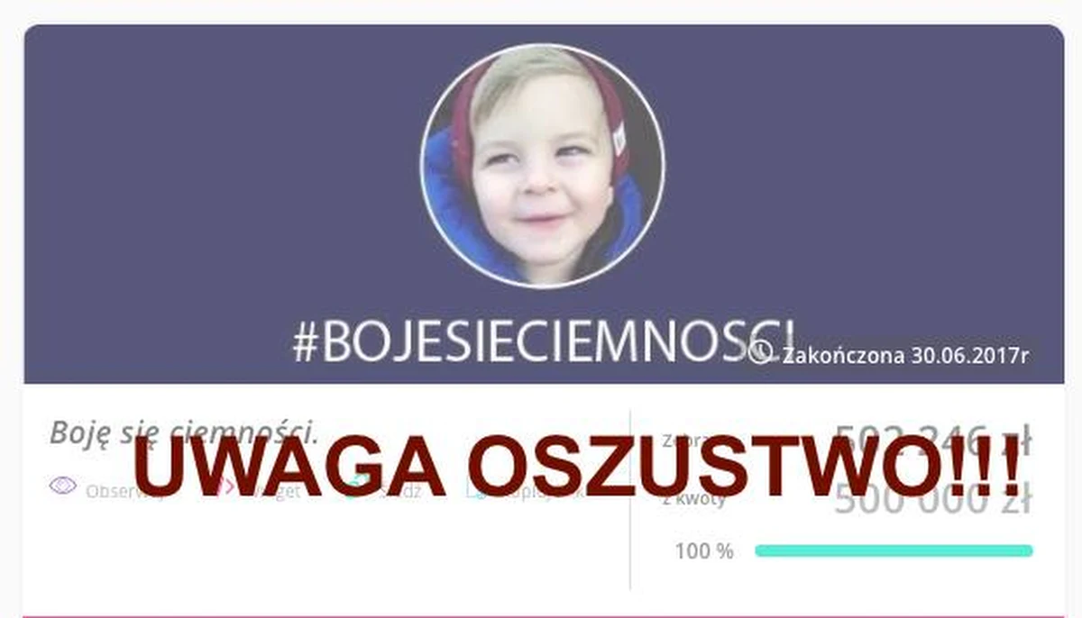 Zarzut wyłudzenia ponad pół miliona złotych na szkodę ponad 6 i pół tysiąca osób usłyszał Michał S., organizator fałszywej zbiórki pieniędzy na leczenie chorego Antosia. Pieniądze zbierane były w internecie. Organizator fikcyjnej zbiórki został zatrzymany wczoraj, dziś stanął przed prokuratorem. 