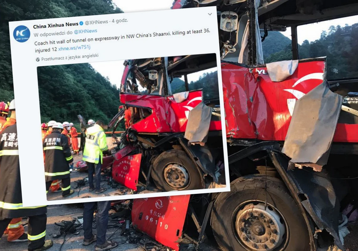 Co najmniej 36 zabitych, w tym dwoje dzieci, i 13 rannych - to tragiczny bilans wypadku autokaru na autostradzie w prowincji Schaanxi w Chinach. Jak relacjonowała AFP, pojazd, którym jechało 49 osób, uderzył w ścianę tunelu.