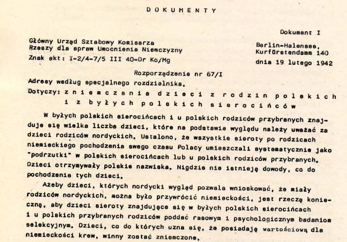 Fragment rozporządzenia 67/I, dotyczącego germanizacji dzieci z polskich rodzin i sierocińców