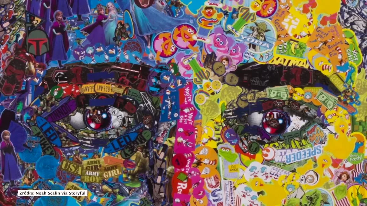 Richmond, Virginia, Stany Zjednoczone. Noah Scalin stworzył własny portret z naklejek. Inspiracją była dla niego córka, która już w wieku 2 lat wykazywała zainteresowanie sztuką. Od tamtej pory Noah stworzył serię portretów, które można było zobaczyć w Krause Gallery w Nowym Jorku.