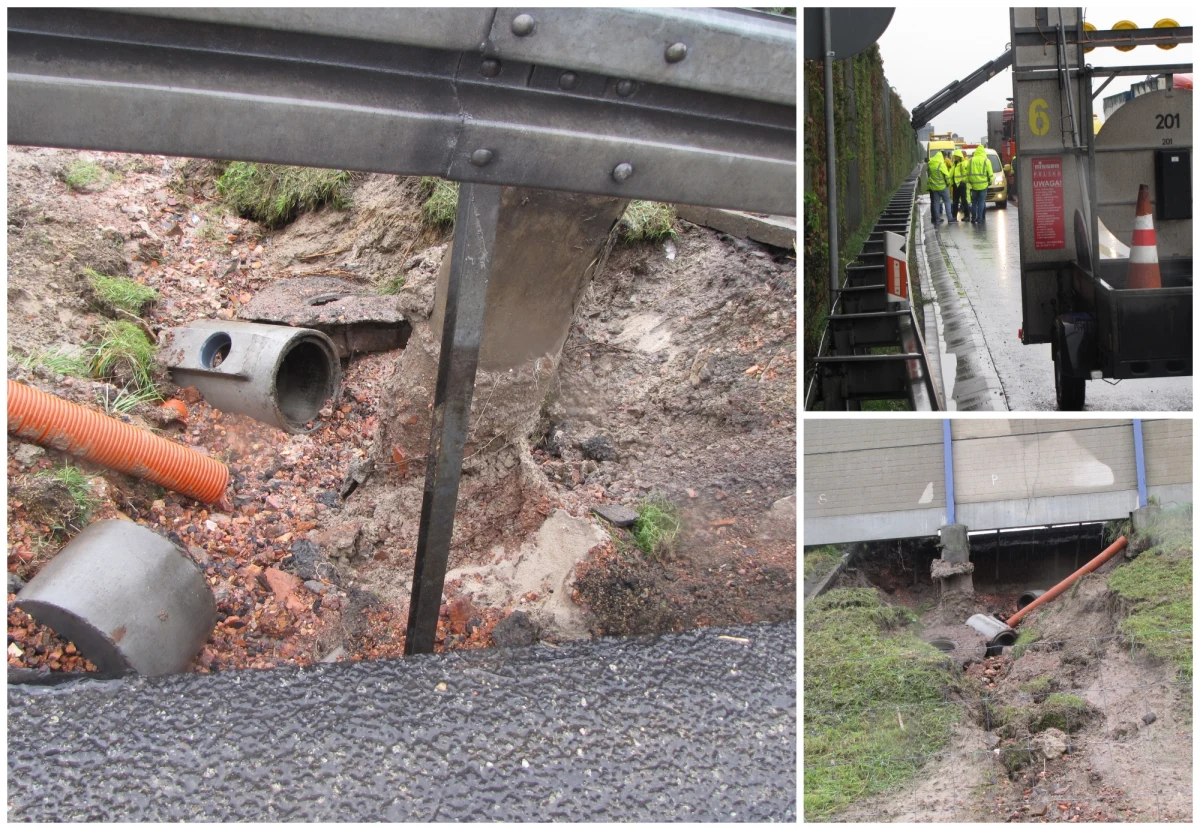Wyrwa w autostradowym wale, podmyta jezdnia i uszkodzony filar ekranu dźwiękochłonnego - tak wygląda odcinek autostrady A4 w rejonie Mysłowic. Droga została tam zwężona do jednego pasa. Kierowcy jadący do Katowic tkwią w coraz dłuższym korku. 
