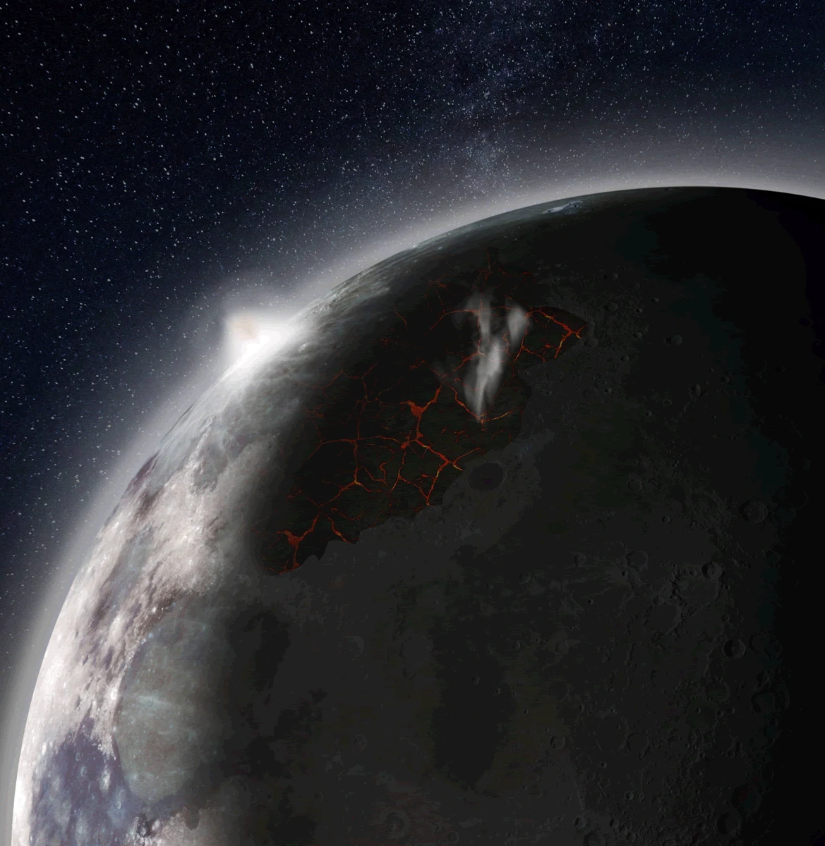 Księżyc nie zawsze był tak goły i suchy, jak obecnie. Najnowsze wyniki badań wskazują, że 3-4 miliardy lat temu Księżyc, wskutek silnej aktywności wulkanów, był otoczony atmosferą. Jak pisze w najnowszym numerze czasopismo "Earth and Planetary Science Letters", wulkany emitowały wtedy tak dużo gazów, że mimo niewielkiej grawitacji, ich cząsteczki nie zdążały uciec w otwartą przestrzeń kosmiczną i gromadziły się przy powierzchni Srebrnego Globu. Atmosfera osiągnęła maksimum gęstości około 3,5 miliarda lat temu. Rozwiała się potem w ciągu około 70 milionów lat.