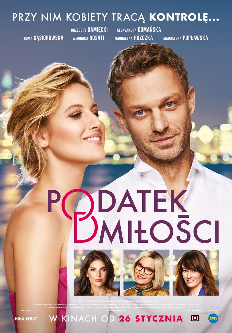 ​Przy nim kobiety tracą kontrolę… Grzegorz Damięcki prezentuje się w towarzystwie pięknych aktorek na finalnym plakacie komedii romantycznej „Podatek od miłości”. 

