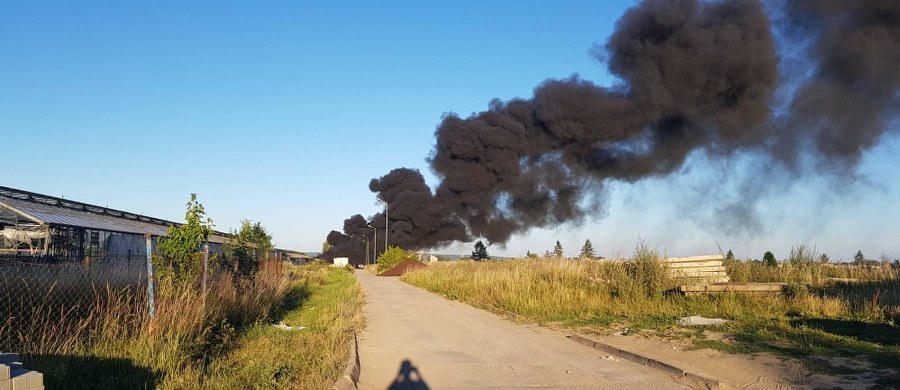Pożar w miejscowości Warzymice (woj. zachodniopomorskie). Palą się tam materiały PCV. Kłęby czarnego dymu widoczne są nawet z odległości kilku kilometrów.