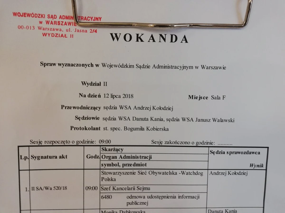 Wojewódzki Sąd Administracyjny w Warszawie nieprawomocnie uchylił decyzję szefa Kancelarii Sejmu o odmowie ujawnienia m.in. nazwisk sędziów popierających zgłoszenia kandydatów do Krajowej Rady Sądownictwa. Skargę w tej sprawie złożyła Sieć Obywatelska "Watchdog".
