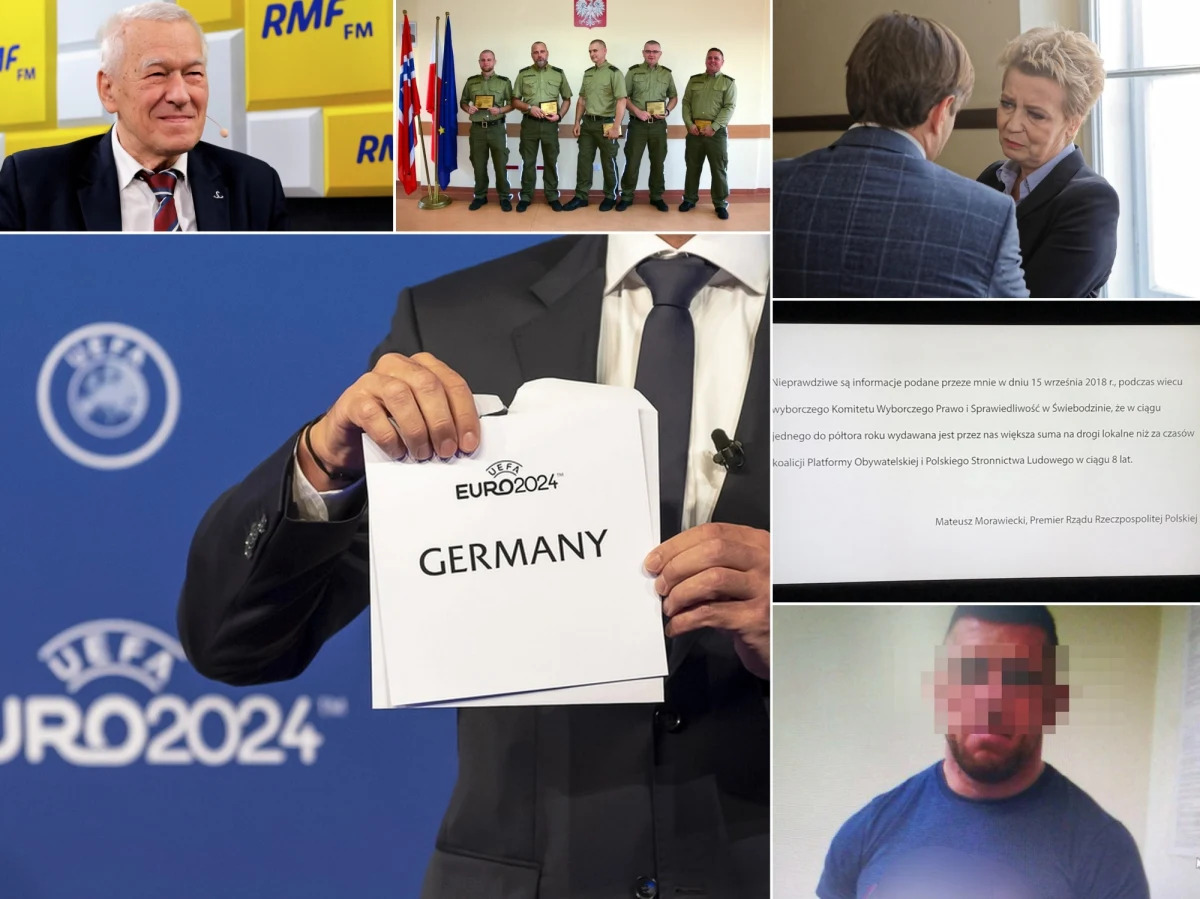 W TVN i TVP1 ukazało się wieczorem oświadczenie premiera Mateusza Morawieckiego po decyzji sądu w trybie wyborczym. Chodzi o wypowiedź z 15 września nt. budowy dróg i mostów. „Misiek”, uważany za lidera kiboli Wisły Kraków, zatrzymany we Włoszech - był poszukiwany m.in. w związku z popełnieniem szeregu przestępstw narkotykowych, prezydent Łodzi Hanna Zdanowska winna poświadczenia nieprawdy - wyrok sądu I instancji utrzymał w mocy Sąd Okręgowy w Łodzi. Zdanowska ma zapłacić 20 tysięcy złotych grzywny. W czwartek poznaliśmy także gospodarza piłkarskich mistrzostw Europy w 2024 roku. Turniej odbędzie się w Niemczech. W Polsce przygotowania do wyborów samorządowych. „Obawiamy się nowego systemu głosowania” - przyznał w RMF FM Wojciech Hermeliński, szef Państwowej Komisji Wyborczej. Dobre wieści płyną z województwa warmińsko-mazurskiego. Funkcjonariusze Straży Granicznej w Braniewie dokonali czegoś niezwykłego - pod nieobecność starszej kobiety wyremontowali jej dom.